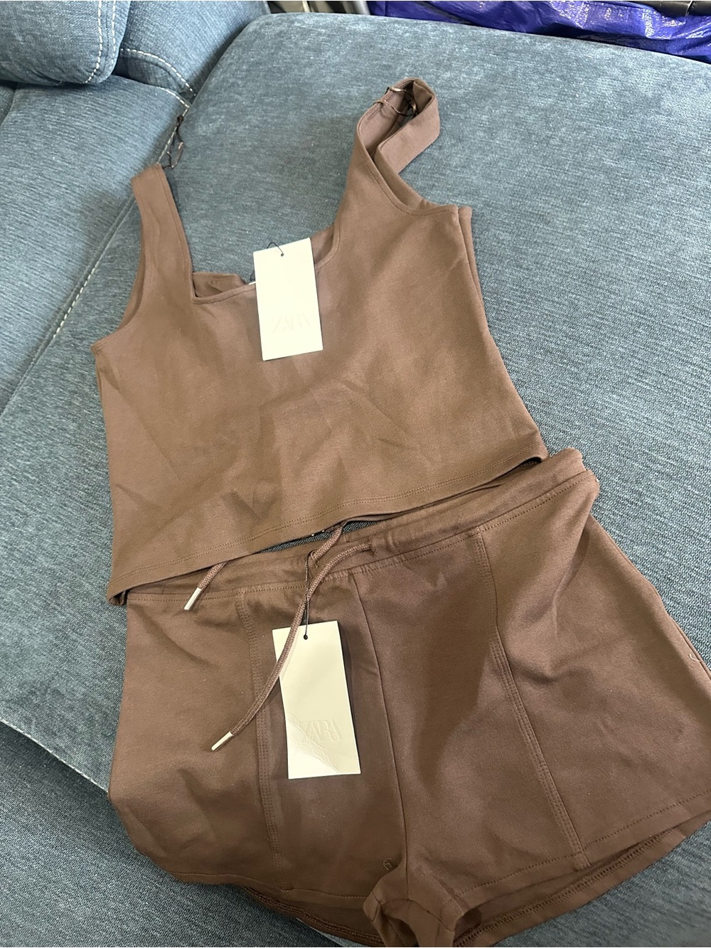 Zara Chocolate Brown Ribbed Tank and Drawstring Shorts Set